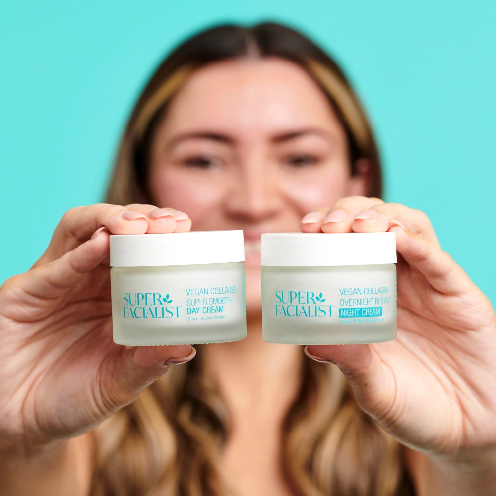 vegan collagen day cream and night cream next to each other being held by a model