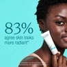 Independent user trial result showing 83% agree skin looks more radiant. Woman holding a serum next to her cheek.