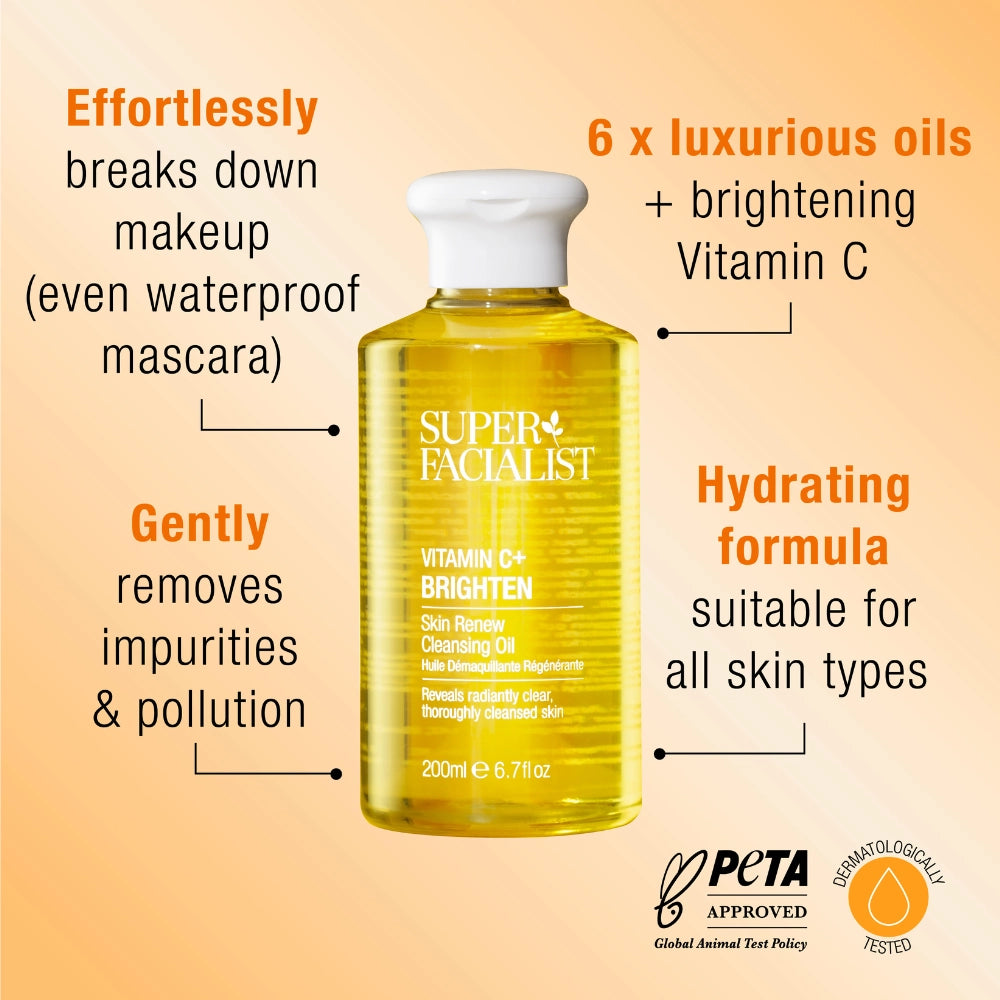 Super Facialist Vitamin C+ Brighten Skin Renew Cleansing Oil key call outs: Effortlessly breaks down makeup (even waterproof mascara), gently removes impurities and pollution, 6 x luxurious oils + brightening Vitamin C, Hydrating formula suitable for all skin types. Peta approved and dermatologically tested.