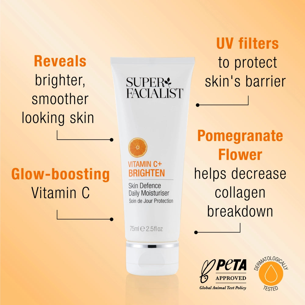 Super Facialist Vitamin C+ Brighten Skin Defence Daily Moisturiser key selling points: Reveals brighter, smoother looking skin, UV filters to protect the skin's barrier, Glow boosting vitamin C, Pomegranate flower helps decrease collagen breakdown. Peta approved and dermatologically tested.