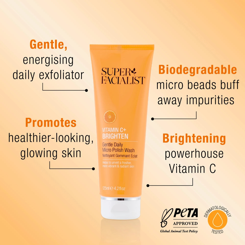 Super Facialist Vitamin C+ Gentle Daily Micro Polish Wash Key Callouts: Gentle energising daily exfoliator, biodegradable micro beads buff away impurities, promotes healthier looking glowing skin, brightening powerhouse vitamin C. PETA approved & dermatologically tested.