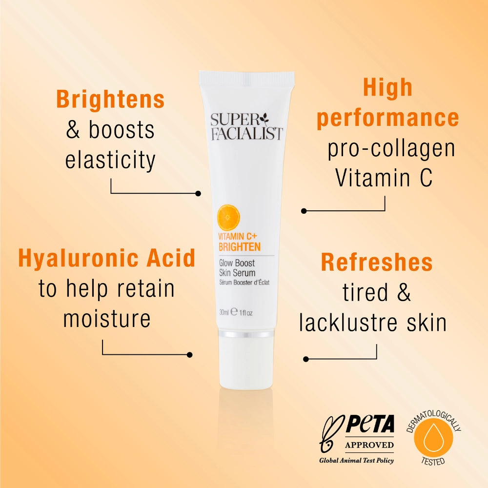 Super Facialist Vitamin C+ Brighten Glow Boost Skin Serum Key Callouts: Brightens and boosts elasticity, high performance pro-collagen Vitamin C, Hyaluronic acid to help retain moisture, refreshes tired and lacklustre skin. Peta approved and dermatologically tested.