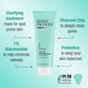 Clay Mask product benefits infographic. Clarifying treatment mask for spot prone skin, charcoal clay to deeply clean pores, 1% Niacinamide to minimise redness, and prebiotics to help keep skin balanced.