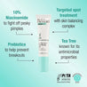 Spot gel product infographic. 10% Niacinamide to fight off pimples, enfused with skin balancing complex, prebiotics to help prevent breakouts and tea tree known for its antimicrobial properties.