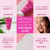 5 star product reviews infographic. "Used this for years and it is by far the best facial scrub" text overlay.