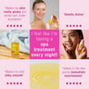 5 star product reviews infographic. "I feel like I'm having a spa treatment every night!" text overlay.