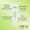 Product benefits infographic. Targeted treatment, 1% Salicylic, Niacinamide to help even tone and Zinc to help prevent new breakouts.