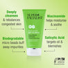 Product benefits infographic. Deeply cleanses & rebalances congested skin, biodegradable micro beads buff away impurities, niacinamide helps moisturise and salicylic acid targets oil & blemishes.