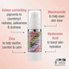 Product benefits infographic. Colour correcting pigments, niacnamide to help even tone, cica to help soothe and hyaluronic acid to help boost hydration.