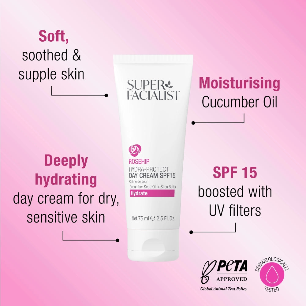 Rosehip Day Cream SPF15 USPs: Soft, soothed and supple skin, moisturising cucumber oil, deeply hydrating day cream for dry, sensitive skin, SPF 15: boosted with UV filters.
