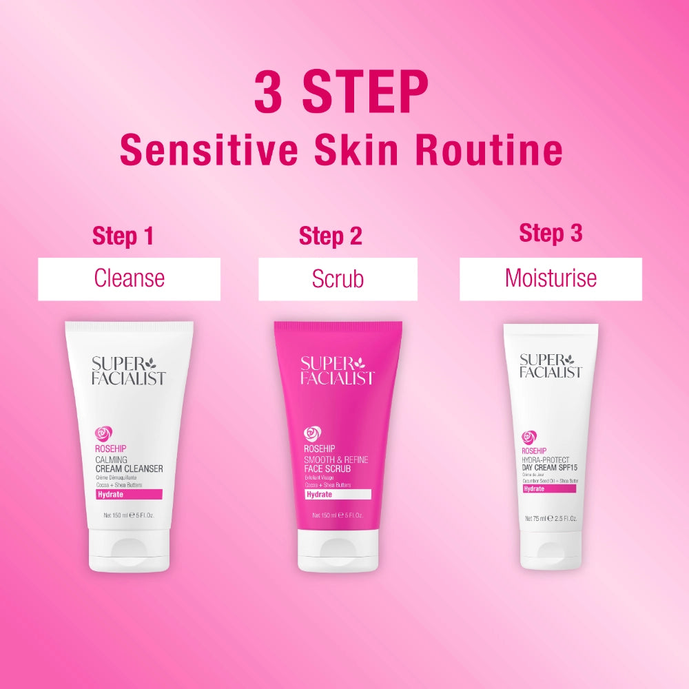 3 step sensitive skin routine: Step 1: Cleanse with Rosehip Calming Cream Cleanser, Step 2: Scrub using Rosehip Face Scrub, Step 3: Moisturise with Rosehip Day Cream SPF 15.