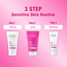 3 step sensitive skin routine: Step 1: Cleanse with Rosehip Calming Cream Cleanser, Step 2: Scrub using Rosehip Face Scrub, Step 3: Moisturise with Rosehip Day Cream SPF 15.