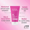 Rosehip face scrub product image with selling points: suitable for sensitive skin, moisturised soft and supple complexion, shea and cocoa butters to help hydrate and menthol for a gentle cooling sensation. 