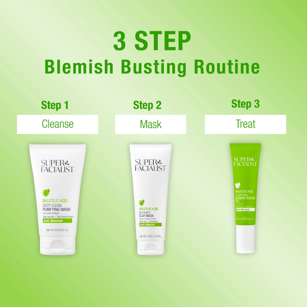 3 step blemish busting routine: Step 1- Cleanse, Step 2- Mask, Step 3- Treat