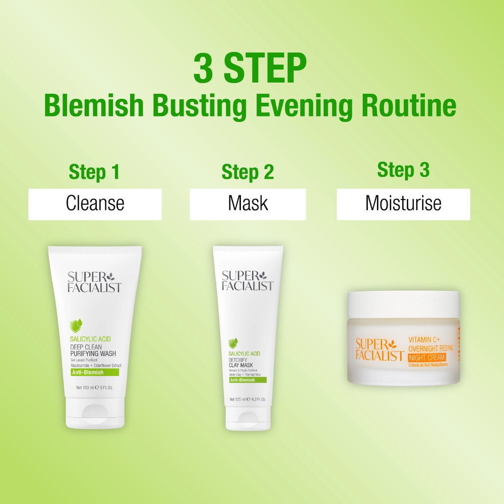 3 step blemish busting evening routine: step 1- cleanse, step 2- mask, step 3- moisturise
