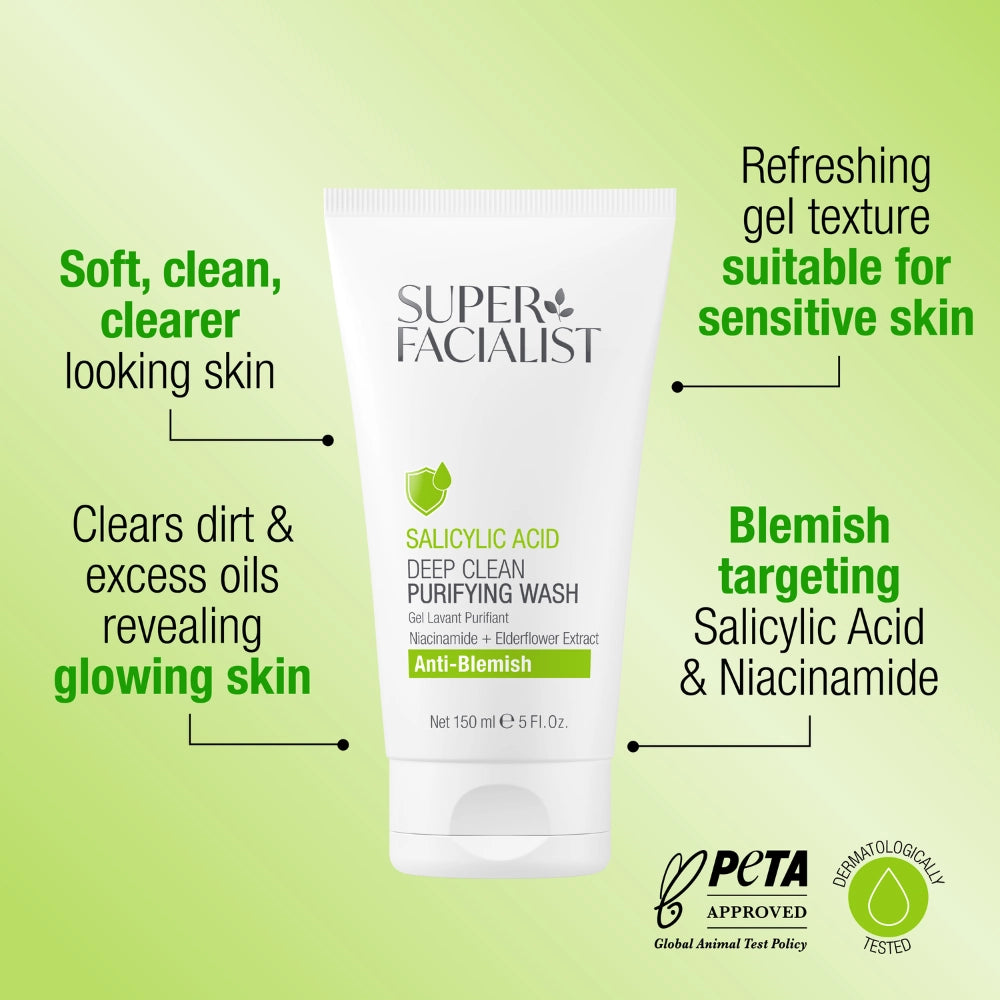 Salicylic Acid Deep Clean Purifying Wash clears dirt and excess oils revealing glowing skin, refreshing gel texture suitable for sensitive skin, blemish targeting Salicylic Acid and Niacinamide, peta approved and dermatologically tested