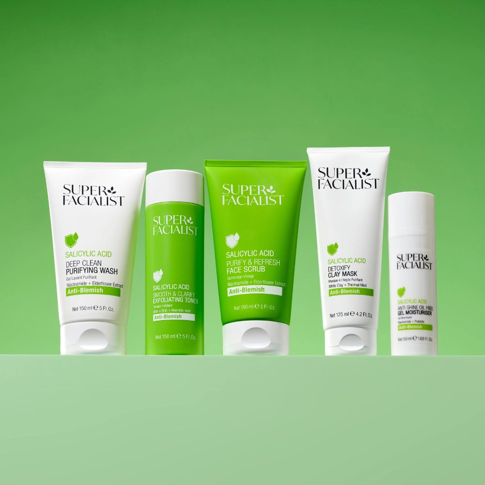 Super Facialist Salicylic Acid Range on a green background