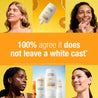 100% agree it does not leave a white cast- independent user trial with 60 participants after first use.