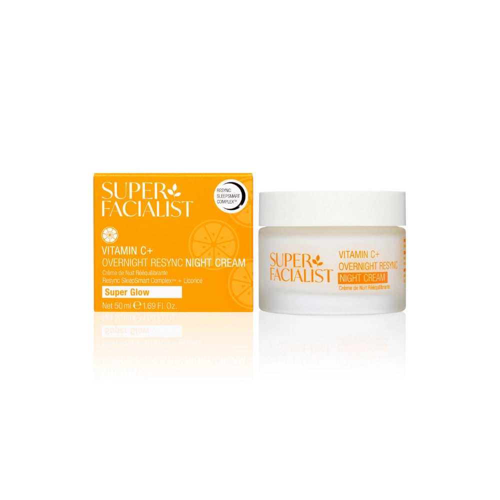 Vitamin C SleepSmart Night Cream frosted jar next to a bright orange carton.