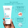 marine bio complex infographic explaining red algae extract which is sustainably sourced from hawaiian islands in the us west coast and hyaluronic acis which helps maintains skins moisture balance