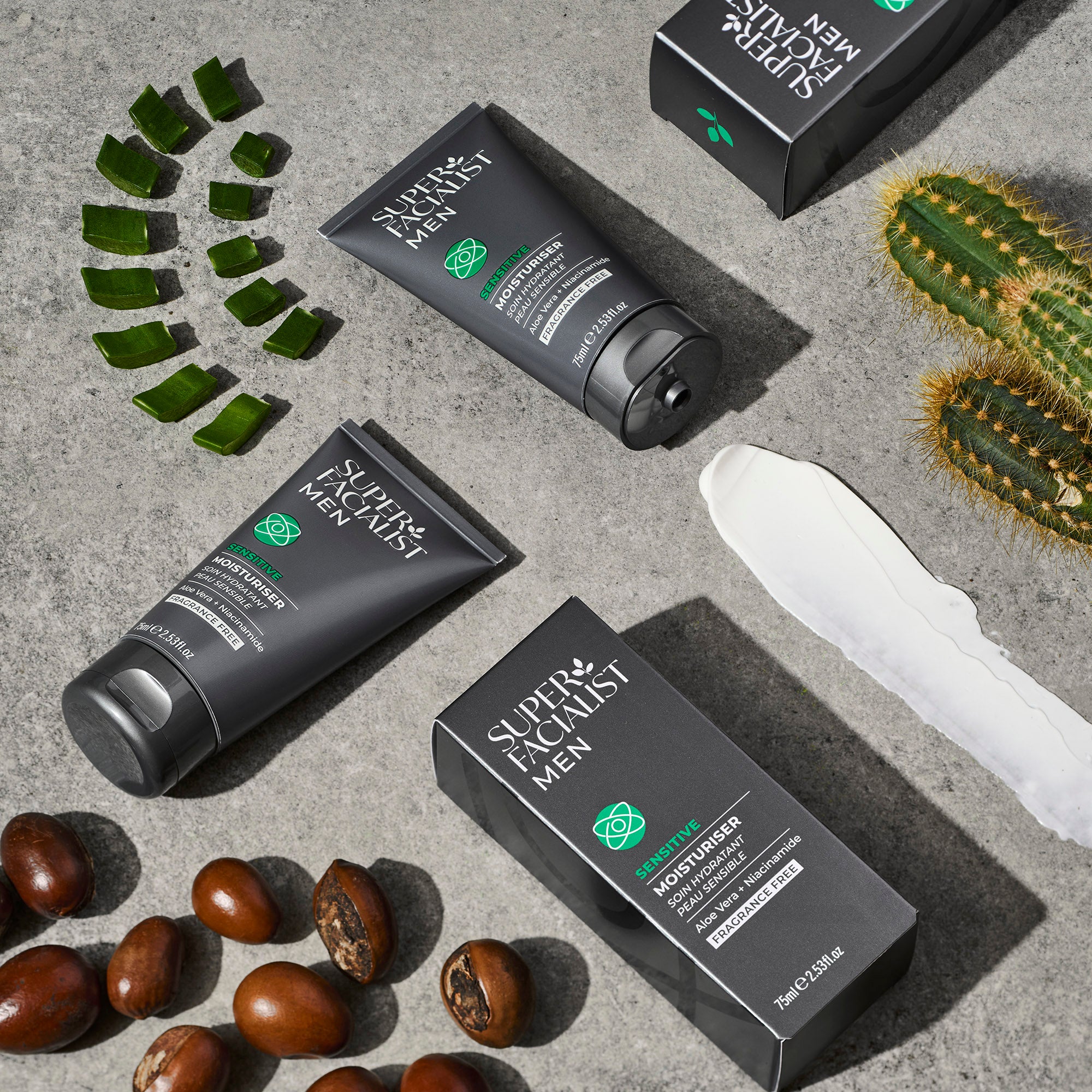 sensitive moisturiser tube and carton on stone background with shea butter, aloe vera and cactus around it