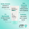 Product benefits infographic. Gently cleanses & refreshes skin, 1% niacinamide to help minimise redness, prebiotics to help protect skin's natural barrier, skin balancing complex to help prevent future breakouts.