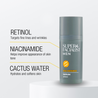 Serum product benefits infographic. Contains retinol to target fine lines & wrinkles, niacinamide to help improve appearance of tone and cactus water to hydrate skin.