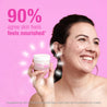 "90% agree skin feels nourished" clinical trial overlay on top of model image holding the jar next to her face.