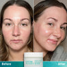 A side-by-side comparison of a before and after image of a woman's face with a more glowing, healthy glow after using the product