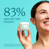 83% agree skin feels smoother clinical trial results text next to woman holding a day cream jar