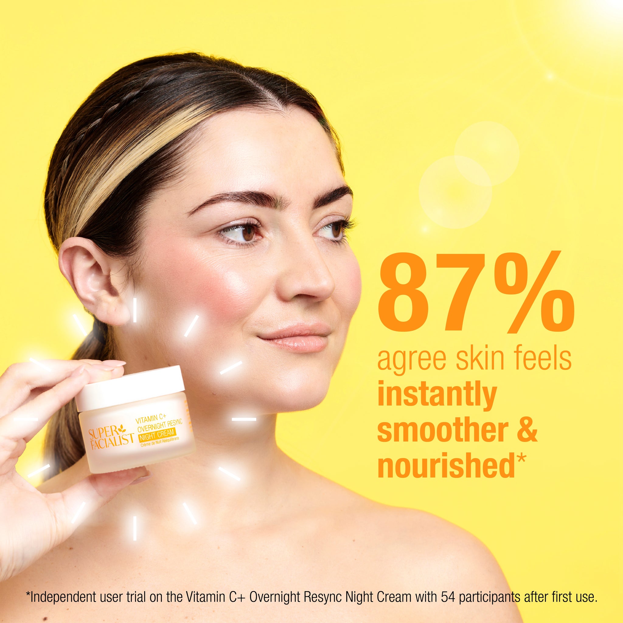 Model holding the jar next to her face. "87% agree skin feels instantly smoother & nourished" clinical trial overlay. 