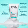 Product benefits infographic which reads hibiscus extract, marine bio-complex to help boost hydration, removes daily impurities and vegan collagen and peptide technology aids in skin rejuvenation