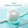 white open jar with cream inside with text on top "helps to plump & hydrate"