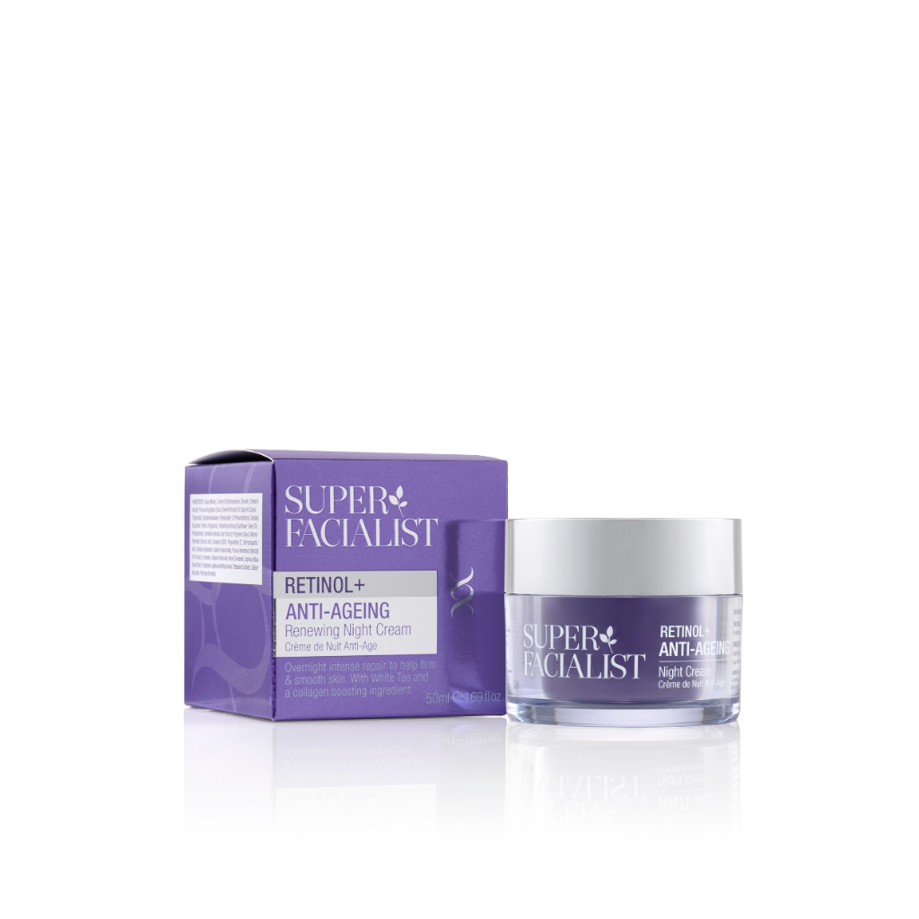 super facialist retinol night cream jar and carton box  in front of white background