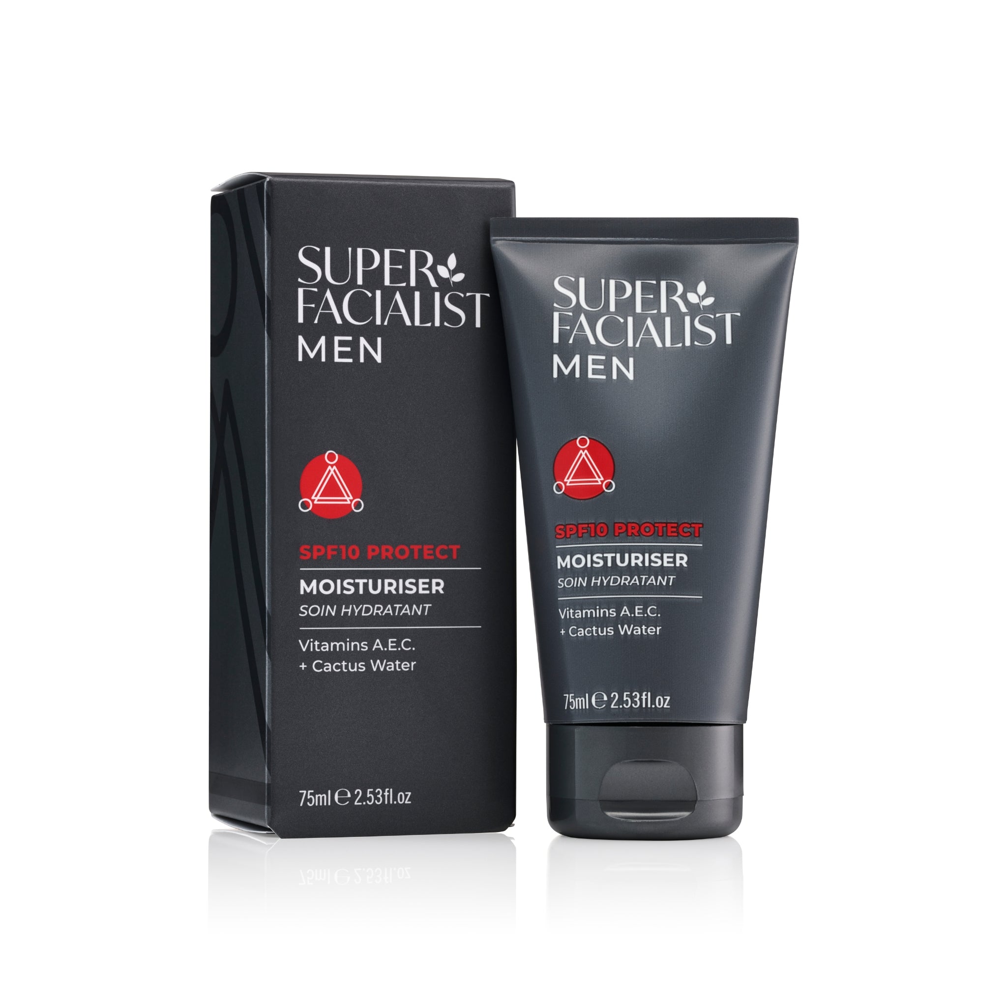 Protect Moisturiser for Men SPF10 grey tube with red symbol and red writing next to carton box