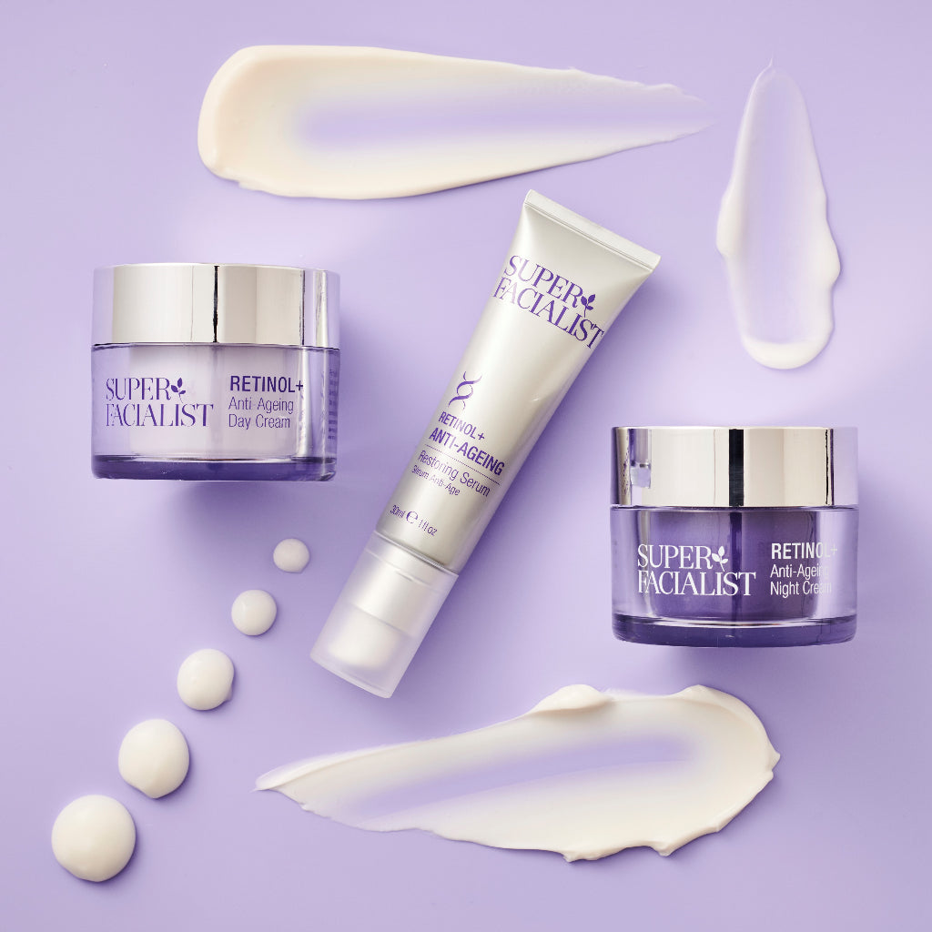 Retinol anti ageing range on purple background with cream and serum swatches around the products